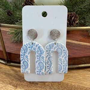 Blue and White Paisley Clay Arch Earrings